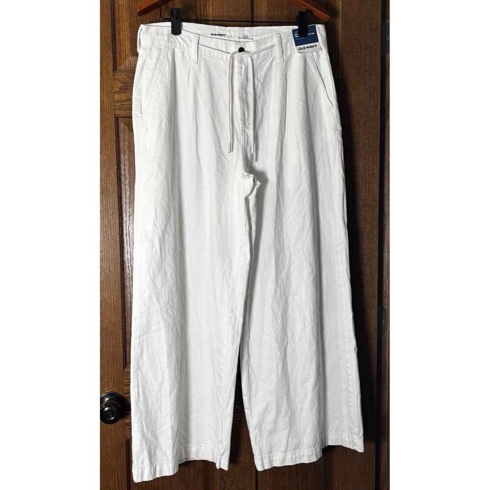 Old Navy Baggy Wide Leg Pants Womens 8 High Rise Drapey Drawcord White Cotton